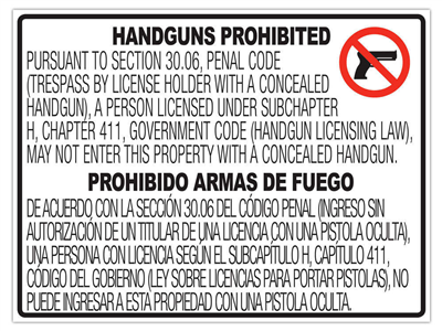 Texas CONCEALED Gun Carry Signs (30.06) ALUMINUM