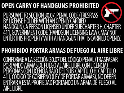 Texas OPEN Gun Carry Signs (30.07) WINDOW ADHESIVE