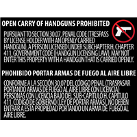 Texas OPEN Gun Carry Signs (30.07) WINDOW ADHESIVE